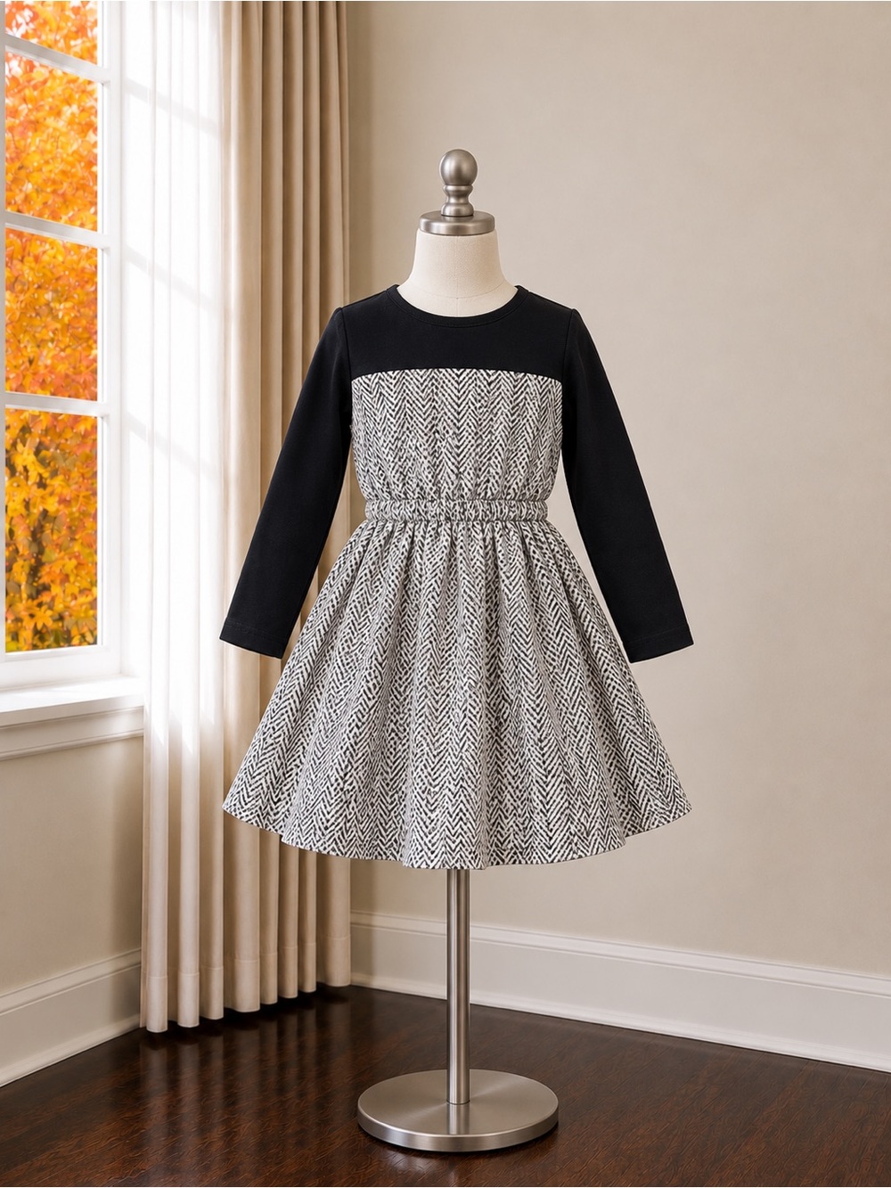 Girls Black & White Herringbone Fit-and-Flare Dress by